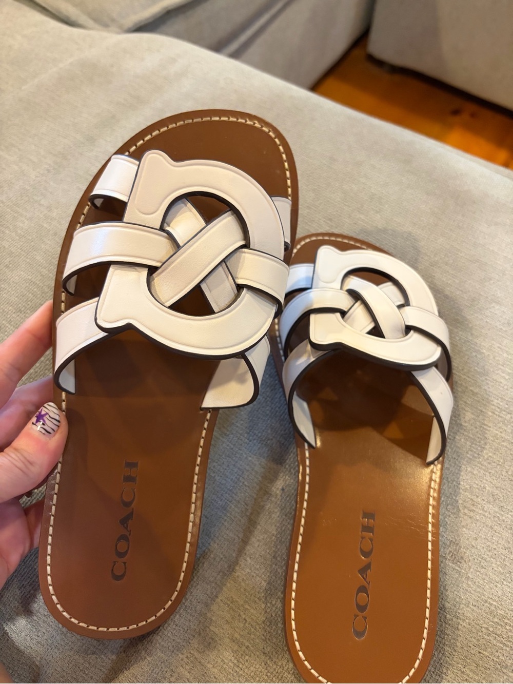 Coach White Leather Knot Slide Sandals with Brown Footbed - Picture 2 of 3